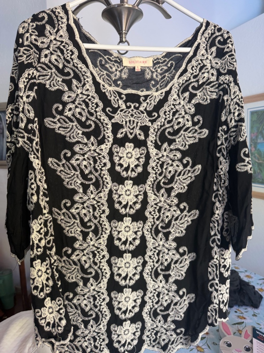 Solitaire Black Blouse with Cream Embroidered Floral Design